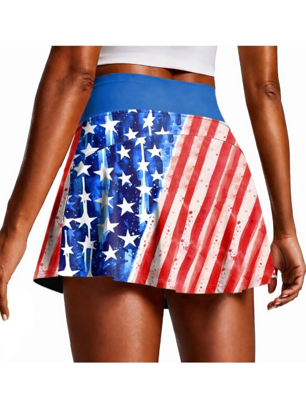 13" Women US Flag Pleated High Waist Built-in Shorts Pocket Pickleball Skirt